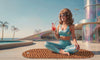 A woman in a light blue activewear set sits cross-legged on a brown polka-dot yoga mat on a futuristic poolside terrace. She holds a cocktail and wears sunglasses, with palm trees, a pool, and a modern building in the background.