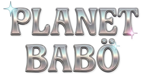 The text 'PLANET BABÖ' in large, metallic silver 3D letters with a glossy finish and small star sparkles, set against a plain white background.